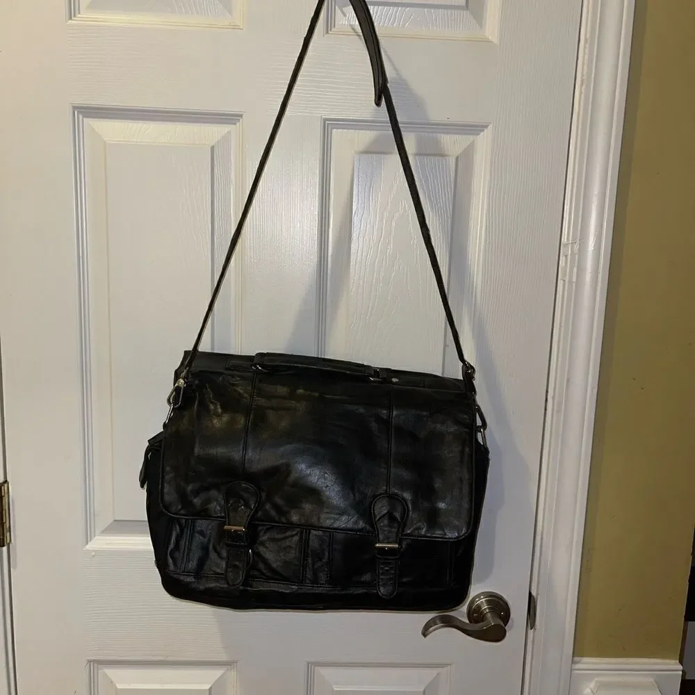 Wilson leather Black Leather Briefcase laptop Nylon side silver tone hardwares.
